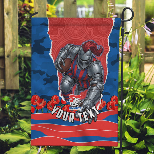 Personalized Newcastle Knights ANZAC Tribute Garden Flag Poppy Field Soldier Silhouette Aboriginal Rugby Mascot