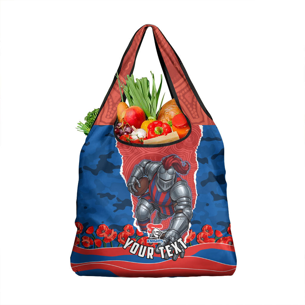 Personalized Newcastle Knights ANZAC Tribute Grocery Bag Poppy Field Soldier Silhouette Aboriginal Rugby Mascot