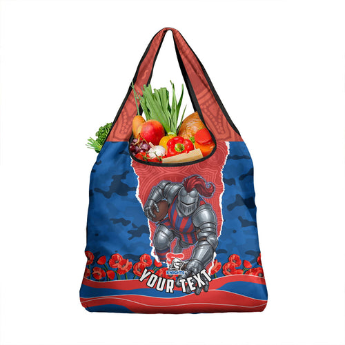 Personalized Newcastle Knights ANZAC Tribute Grocery Bag Poppy Field Soldier Silhouette Aboriginal Rugby Mascot