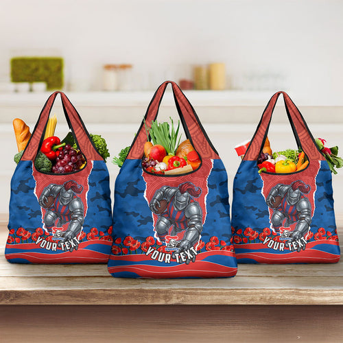 Personalized Newcastle Knights ANZAC Tribute Grocery Bag Poppy Field Soldier Silhouette Aboriginal Rugby Mascot