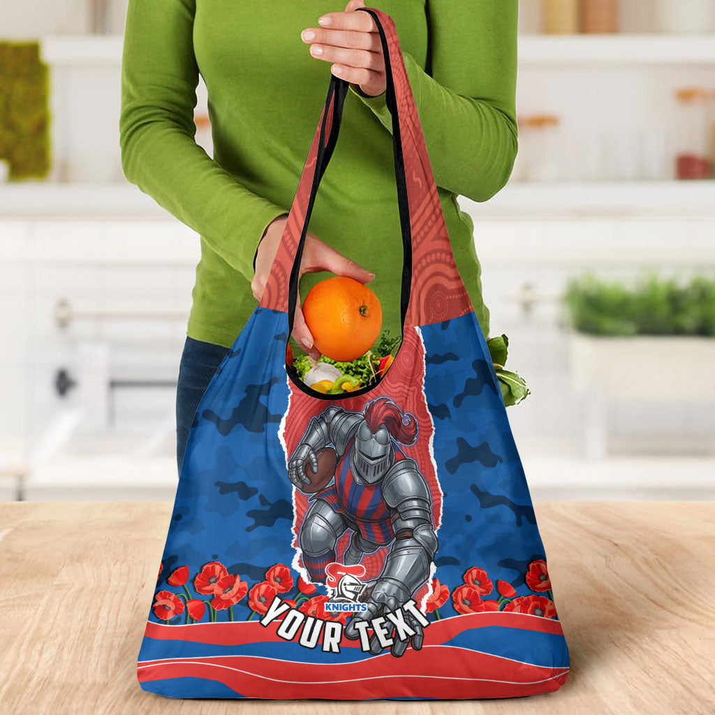 Personalized Newcastle Knights ANZAC Tribute Grocery Bag Poppy Field Soldier Silhouette Aboriginal Rugby Mascot