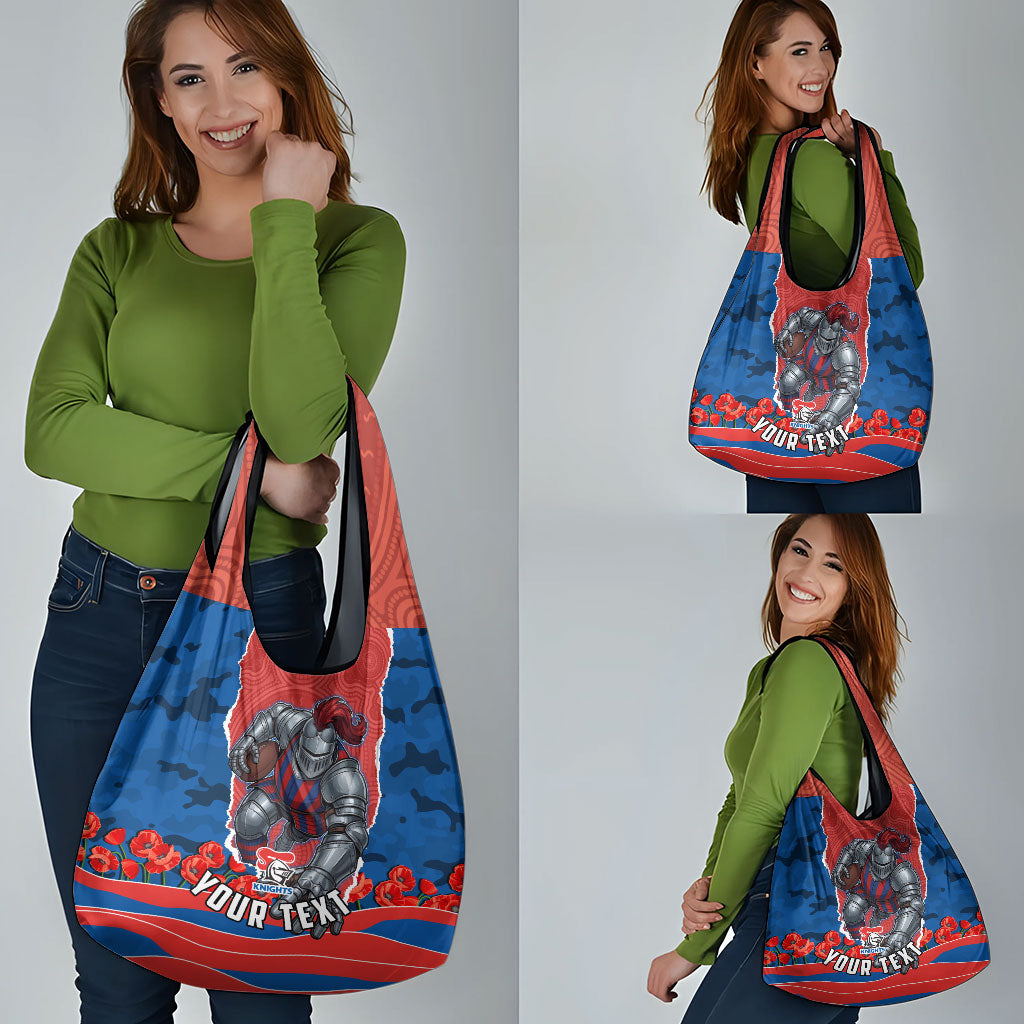 Personalized Newcastle Knights ANZAC Tribute Grocery Bag Poppy Field Soldier Silhouette Aboriginal Rugby Mascot