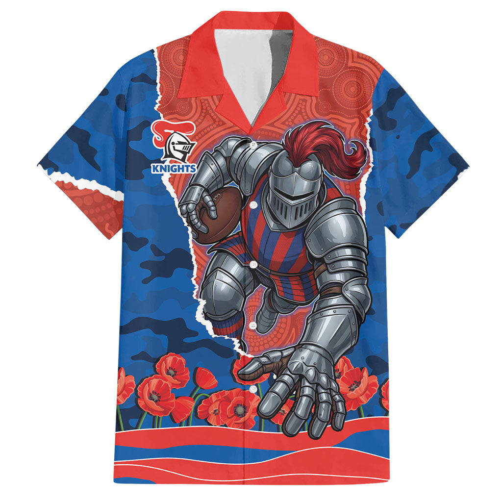 Personalized Newcastle Knights ANZAC Tribute Hawaiian Shirt Poppy Field Soldier Silhouette Aboriginal Rugby Mascot