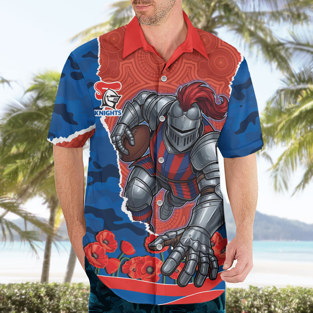 Personalized Newcastle Knights ANZAC Tribute Hawaiian Shirt Poppy Field Soldier Silhouette Aboriginal Rugby Mascot
