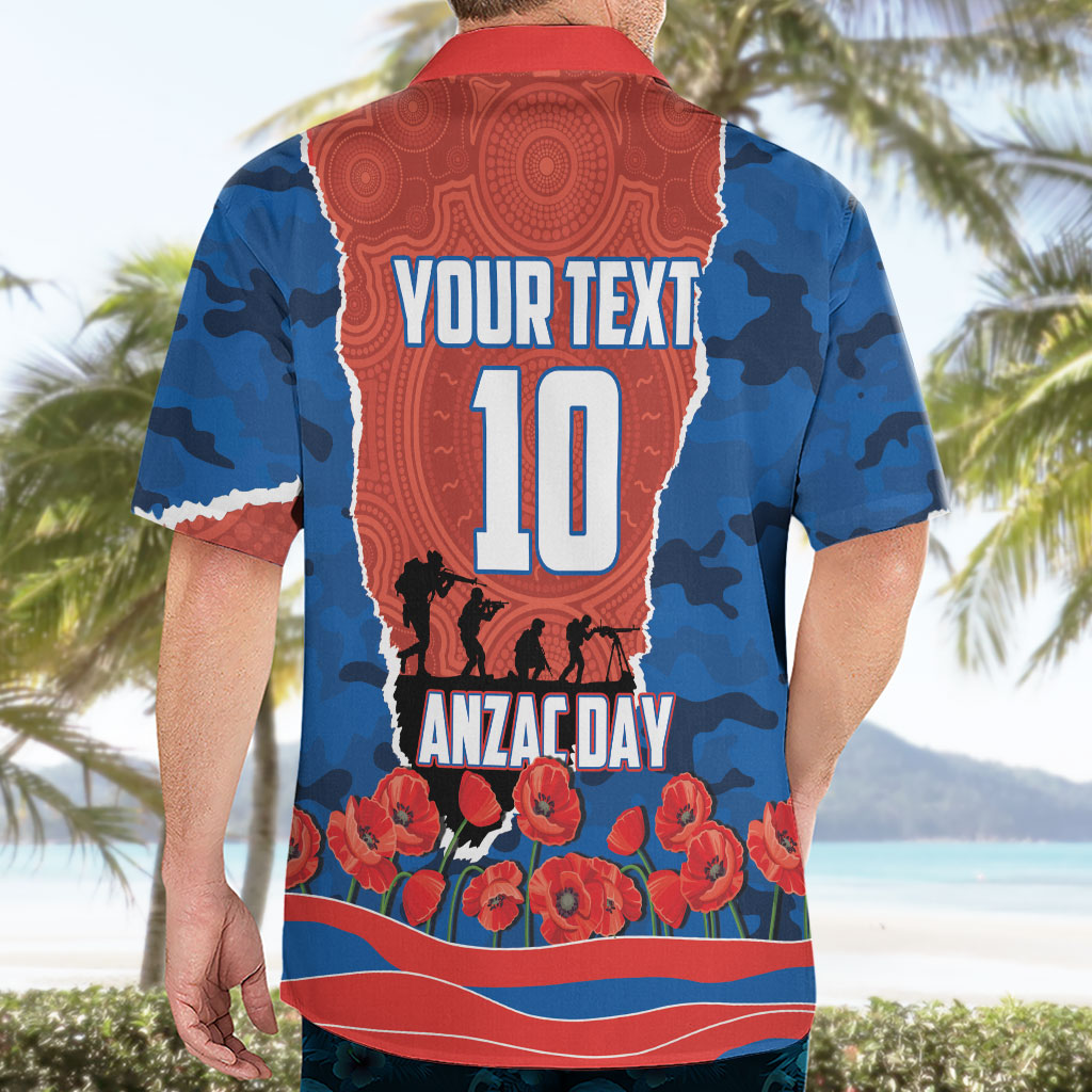 Personalized Newcastle Knights ANZAC Tribute Hawaiian Shirt Poppy Field Soldier Silhouette Aboriginal Rugby Mascot