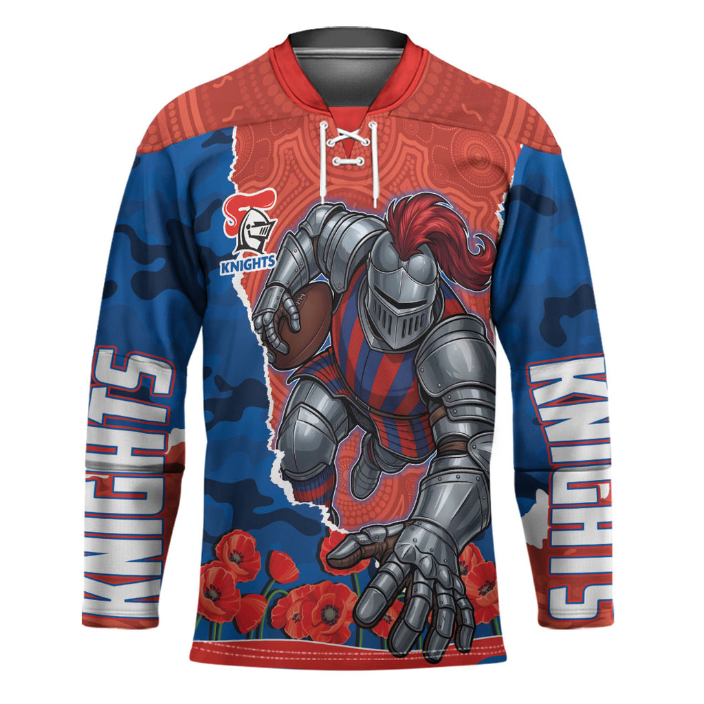 Personalized Newcastle Knights ANZAC Tribute Hockey Jersey Poppy Field Soldier Silhouette Aboriginal Rugby Mascot