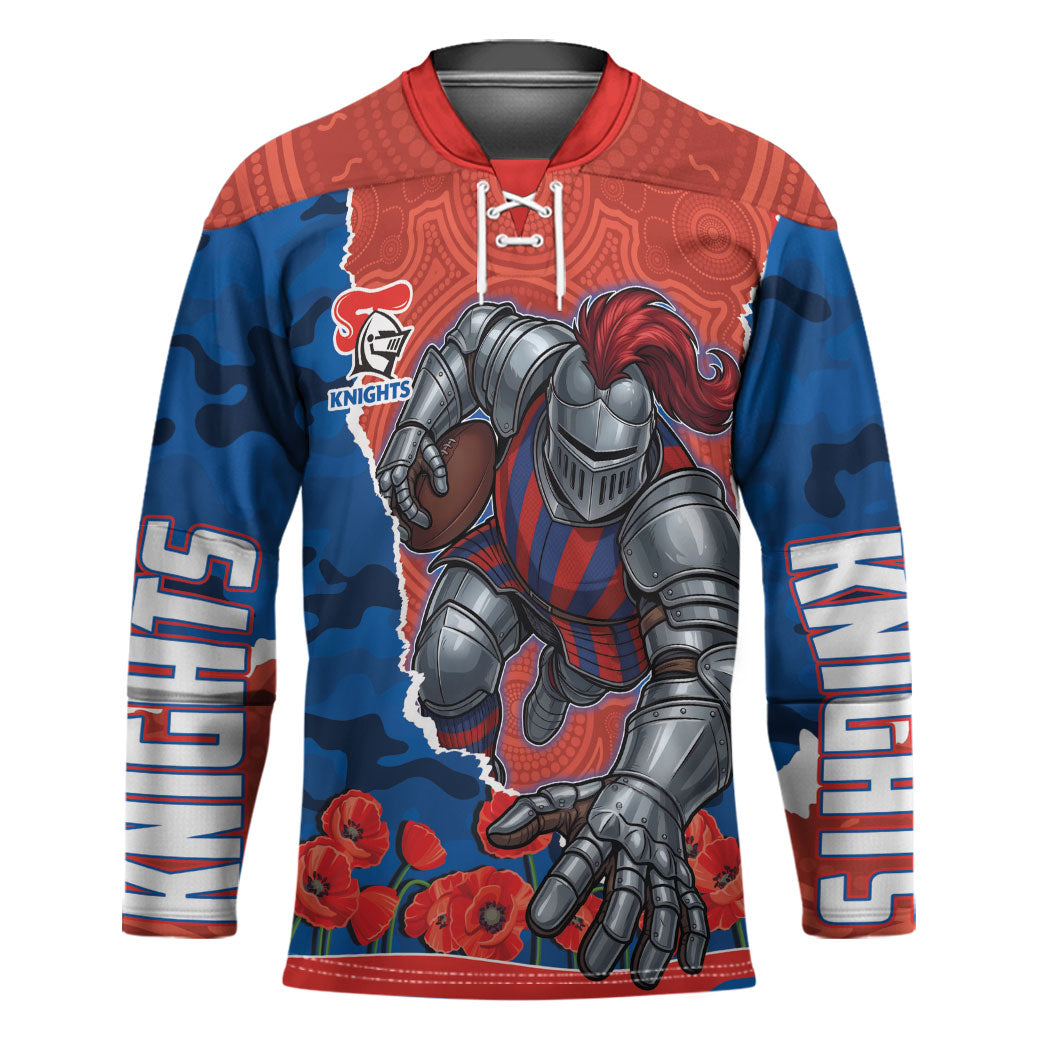Personalized Newcastle Knights ANZAC Tribute Hockey Jersey Poppy Field Soldier Silhouette Aboriginal Rugby Mascot