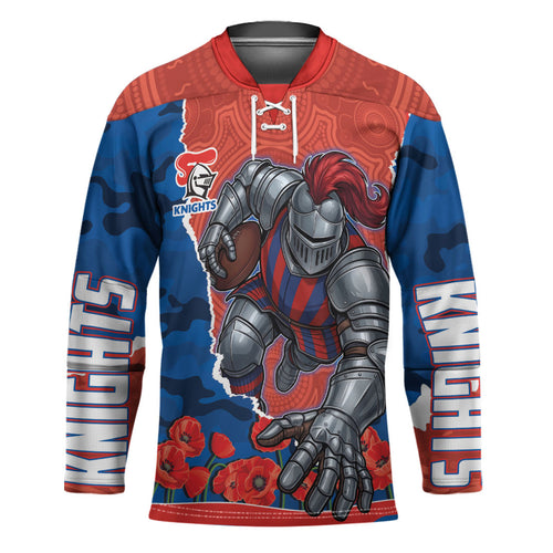 Personalized Newcastle Knights ANZAC Tribute Hockey Jersey Poppy Field Soldier Silhouette Aboriginal Rugby Mascot