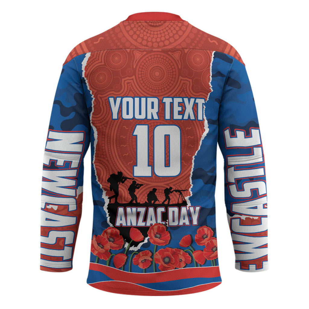 Personalized Newcastle Knights ANZAC Tribute Hockey Jersey Poppy Field Soldier Silhouette Aboriginal Rugby Mascot