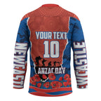 Personalized Newcastle Knights ANZAC Tribute Hockey Jersey Poppy Field Soldier Silhouette Aboriginal Rugby Mascot