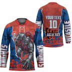 Personalized Newcastle Knights ANZAC Tribute Hockey Jersey Poppy Field Soldier Silhouette Aboriginal Rugby Mascot