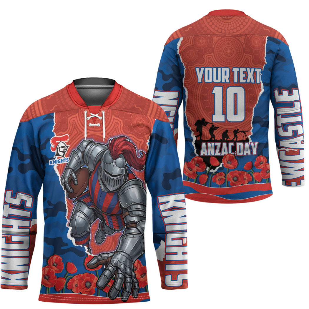 Personalized Newcastle Knights ANZAC Tribute Hockey Jersey Poppy Field Soldier Silhouette Aboriginal Rugby Mascot