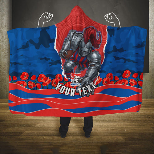 Personalized Newcastle Knights ANZAC Tribute Hooded Blanket Poppy Field Soldier Silhouette Aboriginal Rugby Mascot