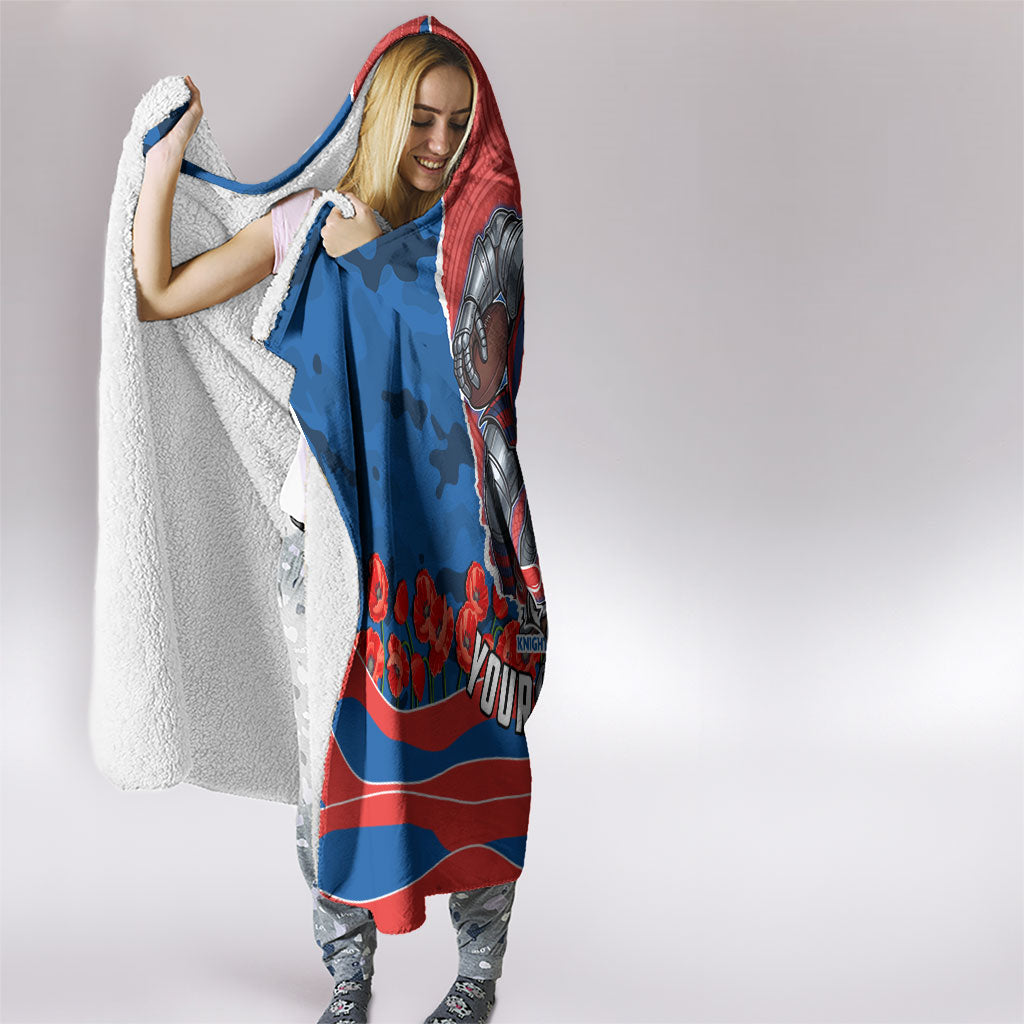 Personalized Newcastle Knights ANZAC Tribute Hooded Blanket Poppy Field Soldier Silhouette Aboriginal Rugby Mascot