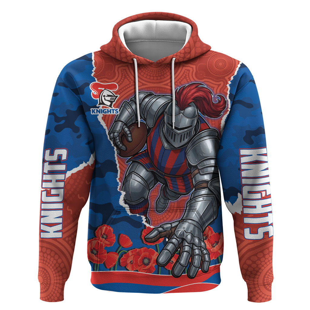 Personalized Newcastle Knights ANZAC Tribute Hoodie Poppy Field Soldier Silhouette Aboriginal Rugby Mascot