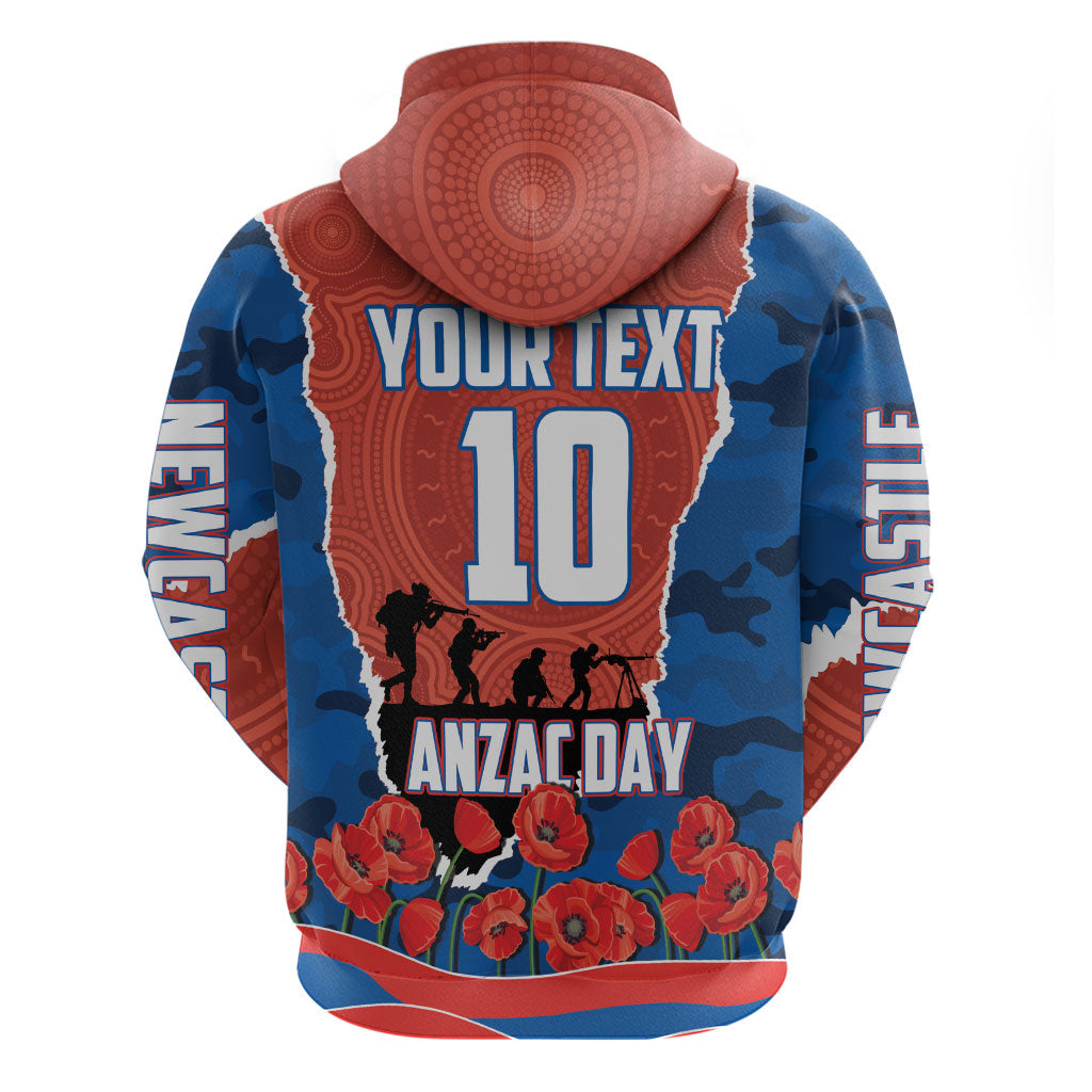 Personalized Newcastle Knights ANZAC Tribute Hoodie Poppy Field Soldier Silhouette Aboriginal Rugby Mascot