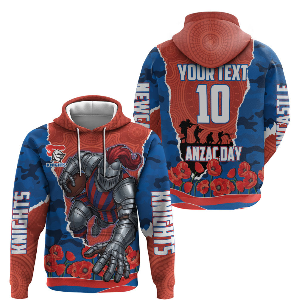 Personalized Newcastle Knights ANZAC Tribute Hoodie Poppy Field Soldier Silhouette Aboriginal Rugby Mascot