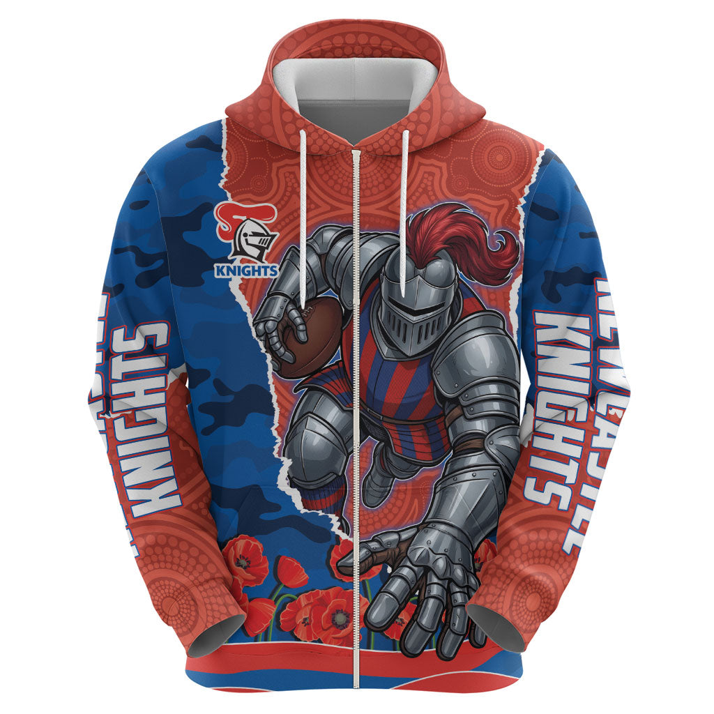Personalized Newcastle Knights ANZAC Tribute Hoodie Poppy Field Soldier Silhouette Aboriginal Rugby Mascot