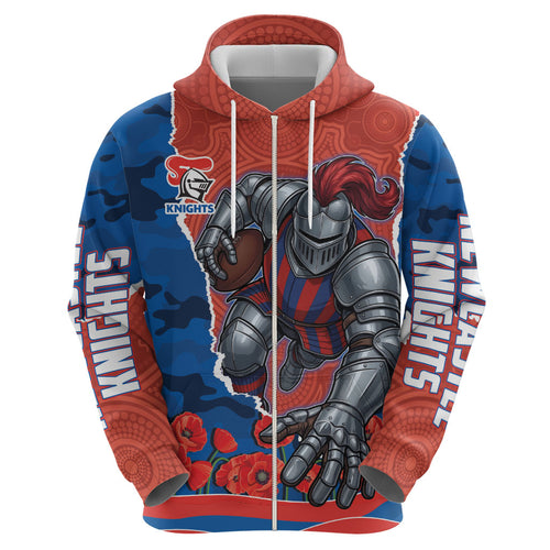 Personalized Newcastle Knights ANZAC Tribute Hoodie Poppy Field Soldier Silhouette Aboriginal Rugby Mascot