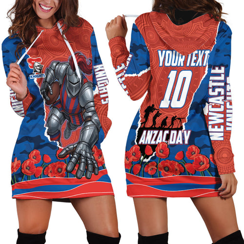 Personalized Newcastle Knights ANZAC Tribute Hoodie Dress Poppy Field Soldier Silhouette Aboriginal Rugby Mascot