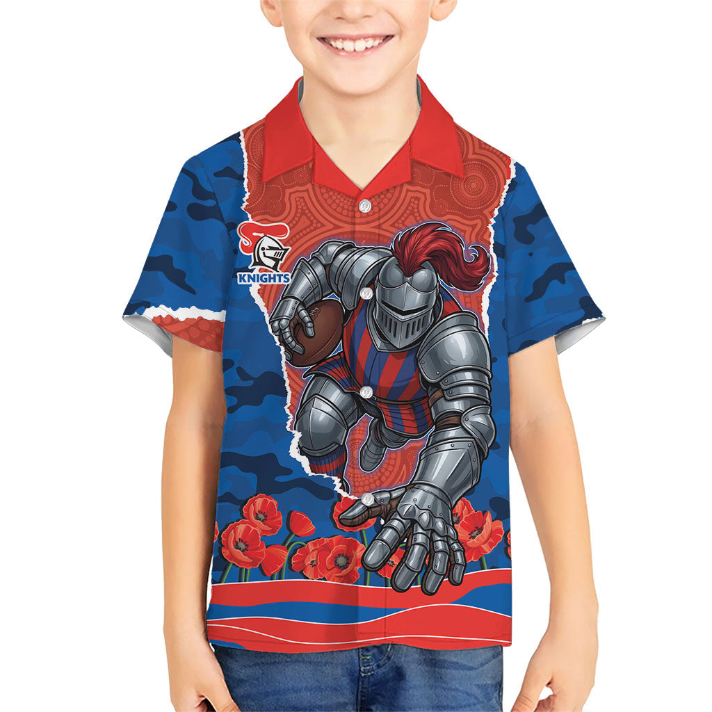 Personalized Newcastle Knights ANZAC Tribute Kid Hawaiian Shirt Poppy Field Soldier Silhouette Aboriginal Rugby Mascot