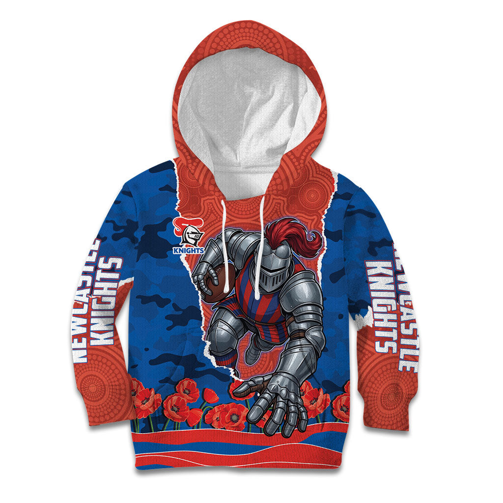 Personalized Newcastle Knights ANZAC Tribute Kid Hoodie Poppy Field Soldier Silhouette Aboriginal Rugby Mascot
