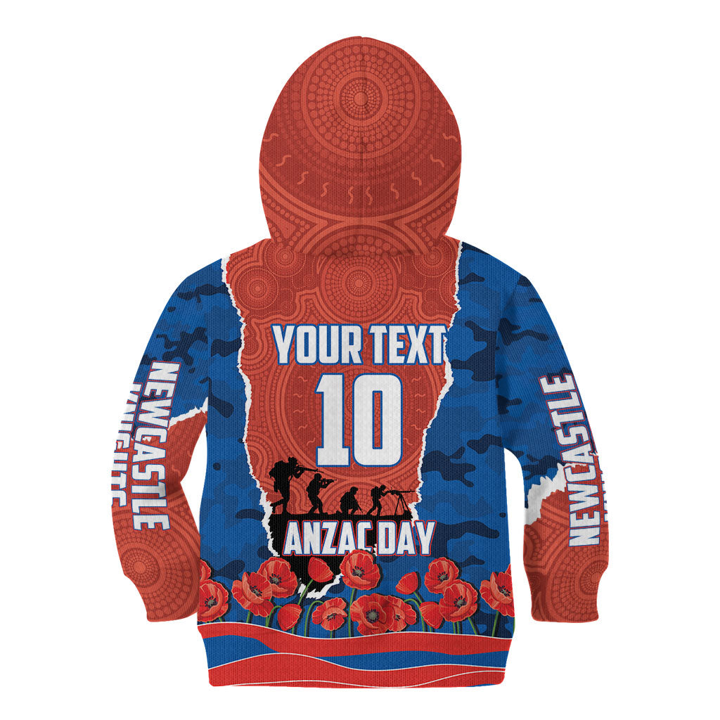 Personalized Newcastle Knights ANZAC Tribute Kid Hoodie Poppy Field Soldier Silhouette Aboriginal Rugby Mascot