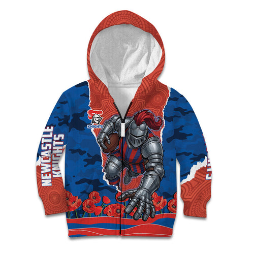 Personalized Newcastle Knights ANZAC Tribute Kid Hoodie Poppy Field Soldier Silhouette Aboriginal Rugby Mascot