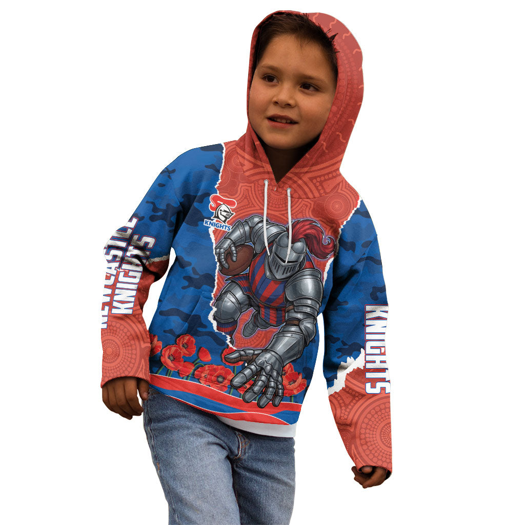 Personalized Newcastle Knights ANZAC Tribute Kid Hoodie Poppy Field Soldier Silhouette Aboriginal Rugby Mascot