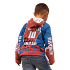 Personalized Newcastle Knights ANZAC Tribute Kid Hoodie Poppy Field Soldier Silhouette Aboriginal Rugby Mascot