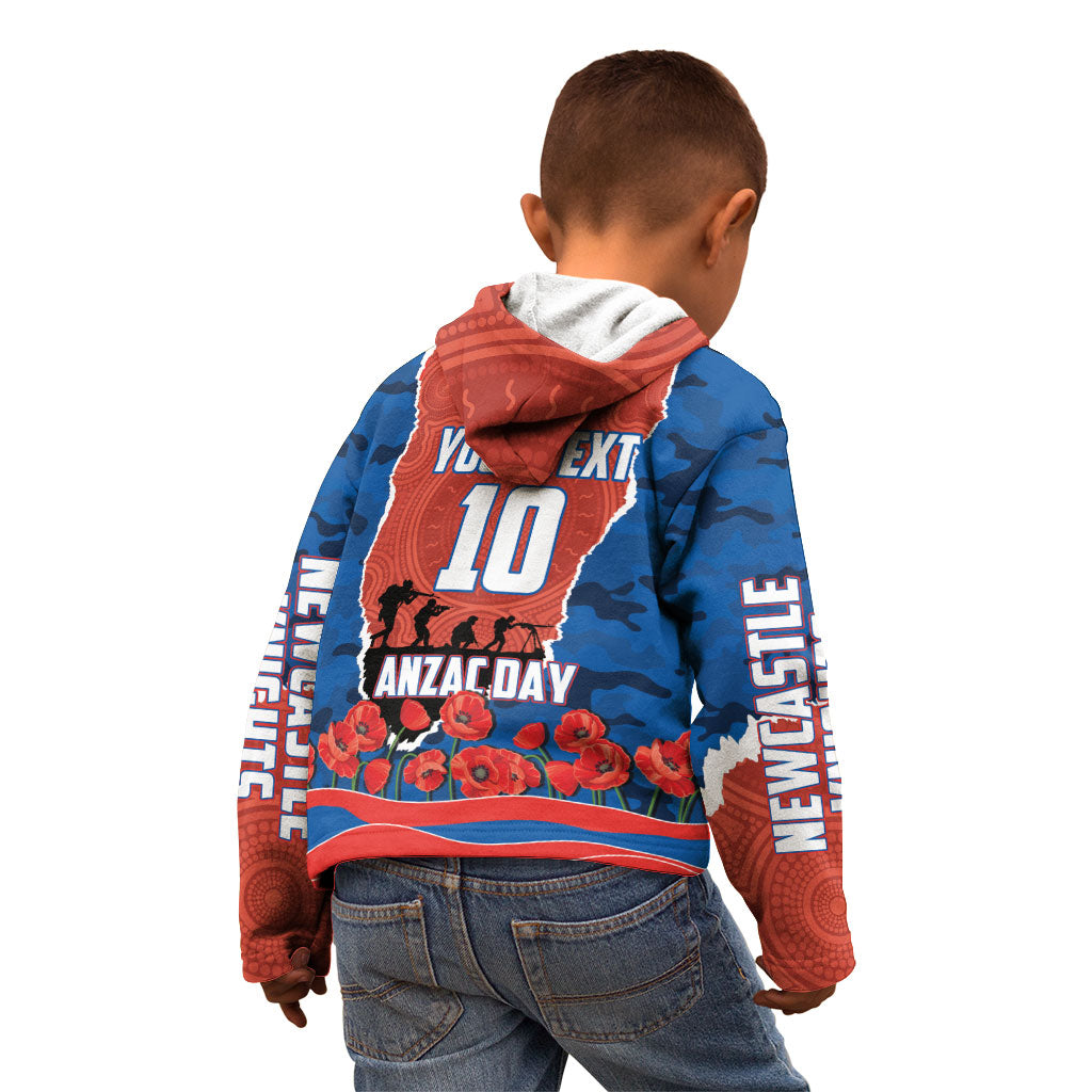 Personalized Newcastle Knights ANZAC Tribute Kid Hoodie Poppy Field Soldier Silhouette Aboriginal Rugby Mascot