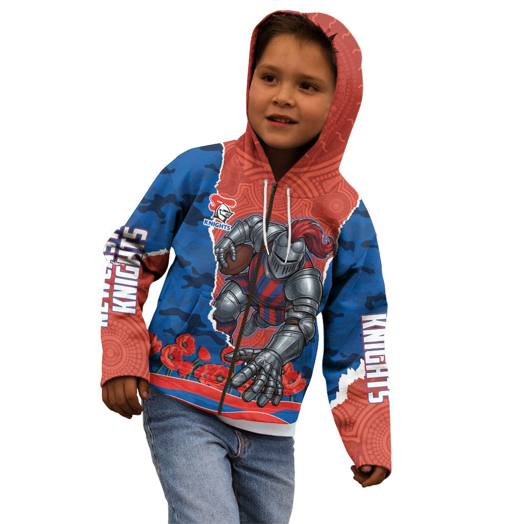 Personalized Newcastle Knights ANZAC Tribute Kid Hoodie Poppy Field Soldier Silhouette Aboriginal Rugby Mascot