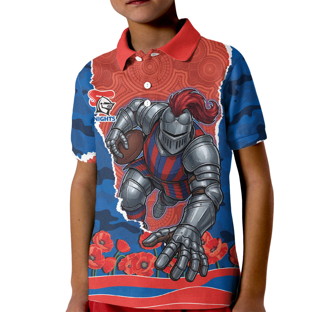 Personalized Newcastle Knights ANZAC Tribute Kid Polo Shirt Poppy Field Soldier Silhouette Aboriginal Rugby Mascot