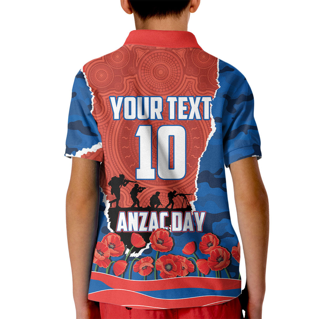 Personalized Newcastle Knights ANZAC Tribute Kid Polo Shirt Poppy Field Soldier Silhouette Aboriginal Rugby Mascot