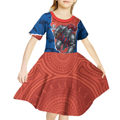 Personalized Newcastle Knights ANZAC Tribute Kid Short Sleeve Dress Poppy Field Soldier Silhouette Aboriginal Rugby Mascot