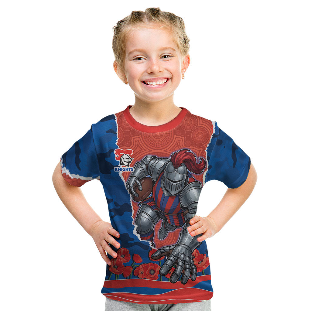Personalized Newcastle Knights ANZAC Tribute Kid T Shirt Poppy Field Soldier Silhouette Aboriginal Rugby Mascot