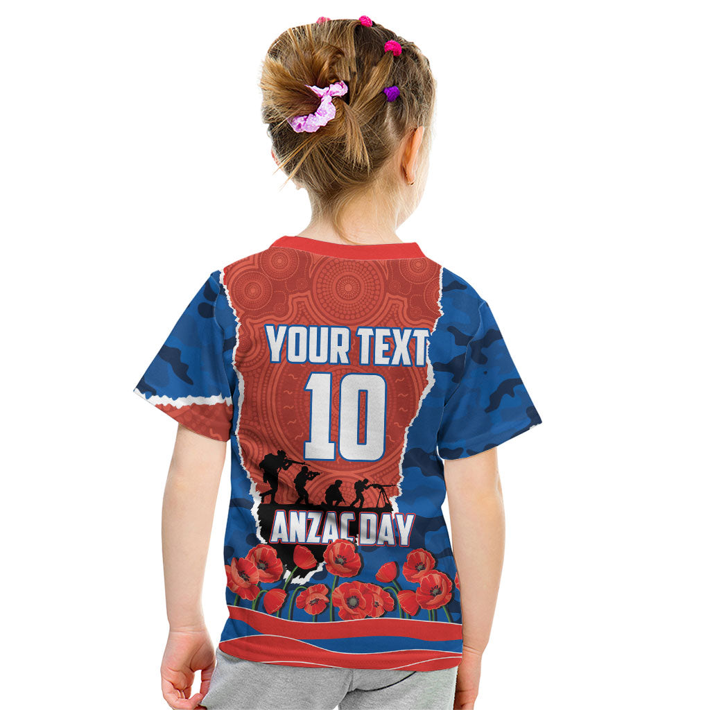 Personalized Newcastle Knights ANZAC Tribute Kid T Shirt Poppy Field Soldier Silhouette Aboriginal Rugby Mascot