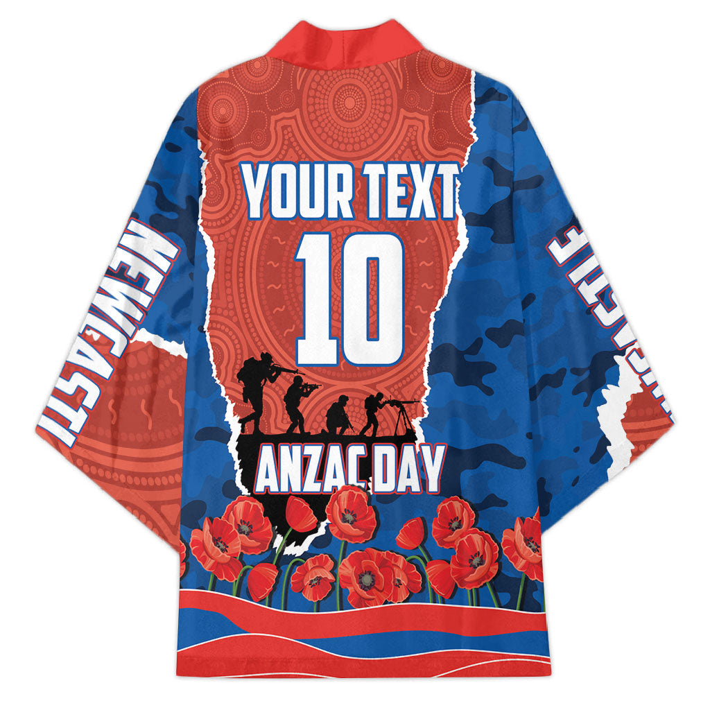 Personalized Newcastle Knights ANZAC Tribute Kimono Poppy Field Soldier Silhouette Aboriginal Rugby Mascot