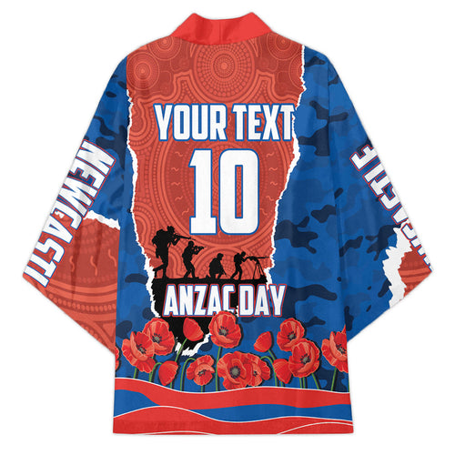 Personalized Newcastle Knights ANZAC Tribute Kimono Poppy Field Soldier Silhouette Aboriginal Rugby Mascot