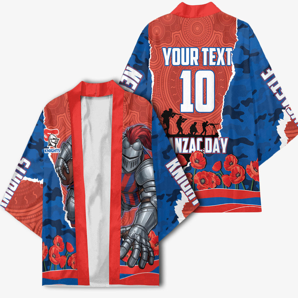 Personalized Newcastle Knights ANZAC Tribute Kimono Poppy Field Soldier Silhouette Aboriginal Rugby Mascot