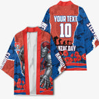 Personalized Newcastle Knights ANZAC Tribute Kimono Poppy Field Soldier Silhouette Aboriginal Rugby Mascot
