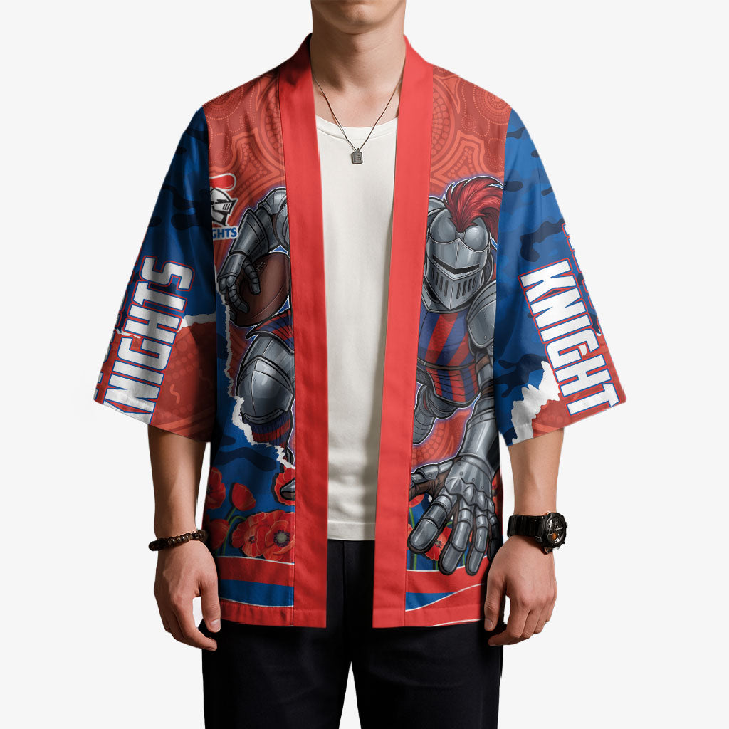 Personalized Newcastle Knights ANZAC Tribute Kimono Poppy Field Soldier Silhouette Aboriginal Rugby Mascot