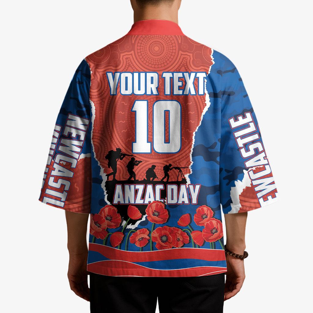 Personalized Newcastle Knights ANZAC Tribute Kimono Poppy Field Soldier Silhouette Aboriginal Rugby Mascot