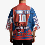 Personalized Newcastle Knights ANZAC Tribute Kimono Poppy Field Soldier Silhouette Aboriginal Rugby Mascot