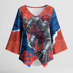 Personalized Newcastle Knights ANZAC Tribute Kimono Sleeve Blouse Poppy Field Soldier Silhouette Aboriginal Rugby Mascot