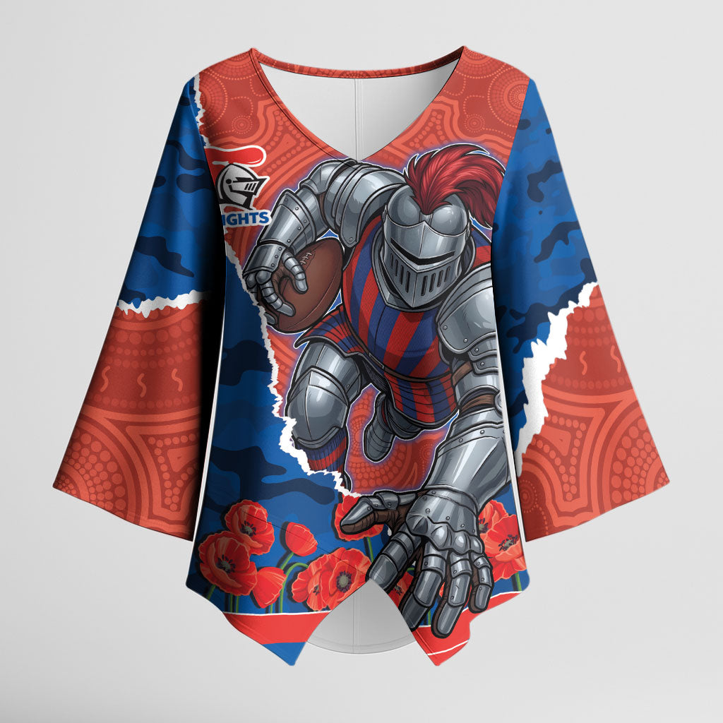Personalized Newcastle Knights ANZAC Tribute Kimono Sleeve Blouse Poppy Field Soldier Silhouette Aboriginal Rugby Mascot