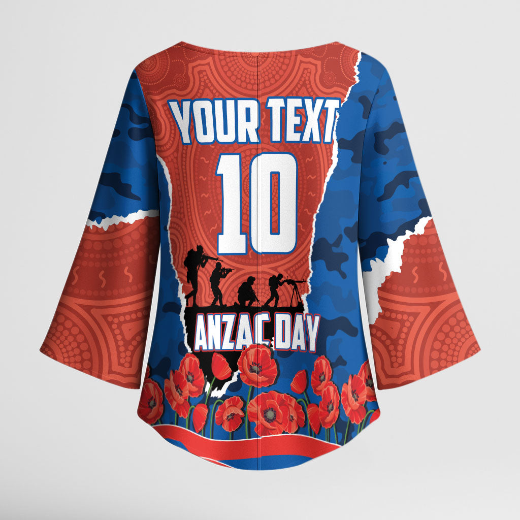 Personalized Newcastle Knights ANZAC Tribute Kimono Sleeve Blouse Poppy Field Soldier Silhouette Aboriginal Rugby Mascot