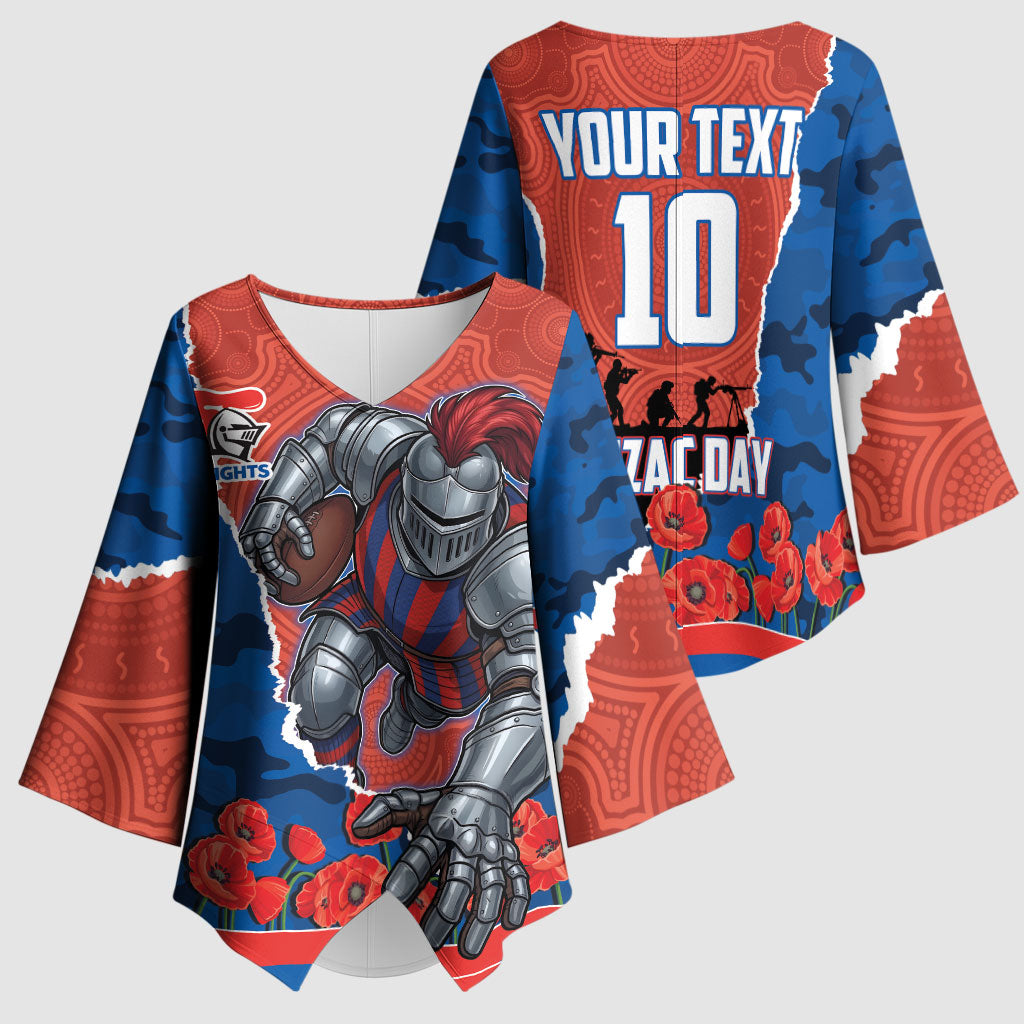 Personalized Newcastle Knights ANZAC Tribute Kimono Sleeve Blouse Poppy Field Soldier Silhouette Aboriginal Rugby Mascot