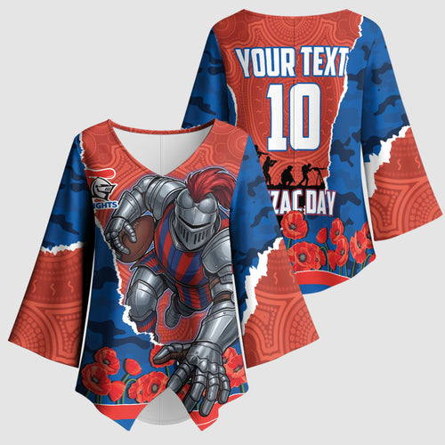Personalized Newcastle Knights ANZAC Tribute Kimono Sleeve Blouse Poppy Field Soldier Silhouette Aboriginal Rugby Mascot
