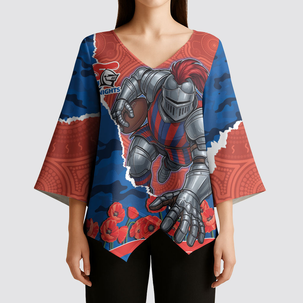 Personalized Newcastle Knights ANZAC Tribute Kimono Sleeve Blouse Poppy Field Soldier Silhouette Aboriginal Rugby Mascot